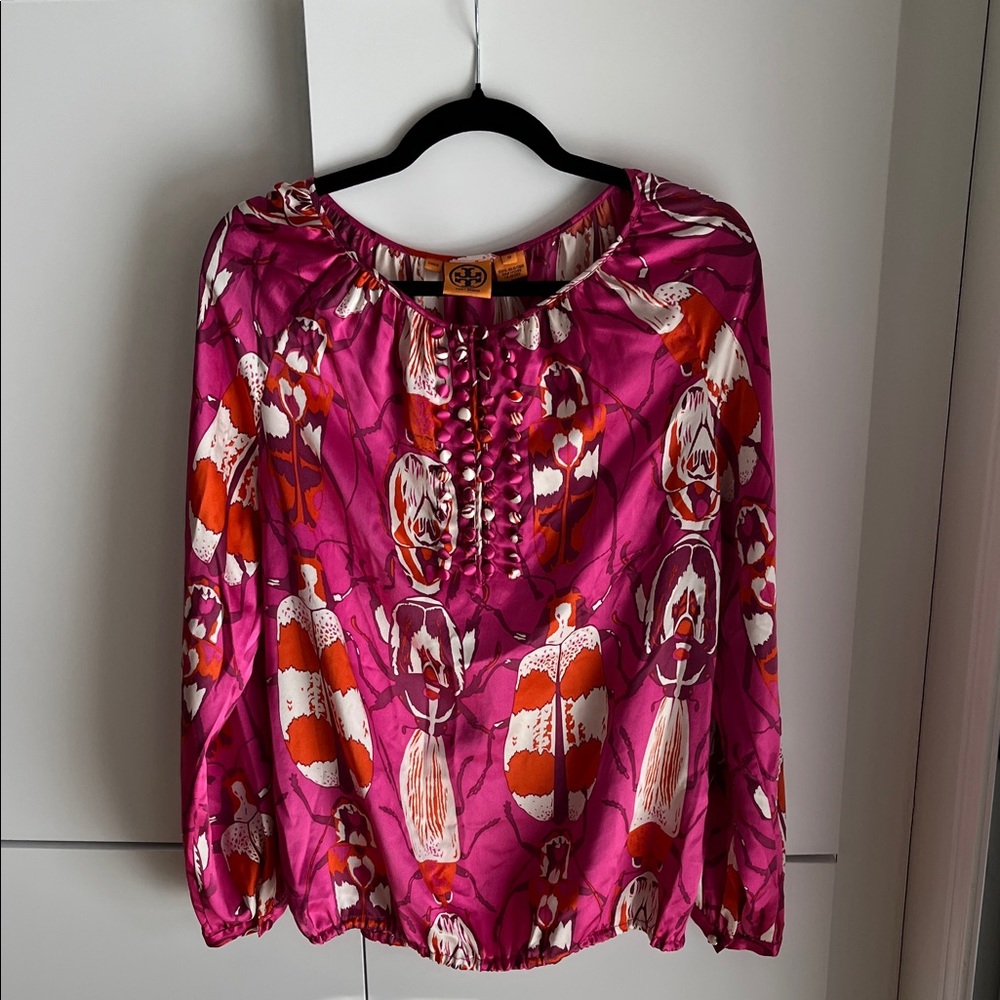 Tory Burch 100% Silk Fuschia Top Blouse Shirt Medium M Pink Red